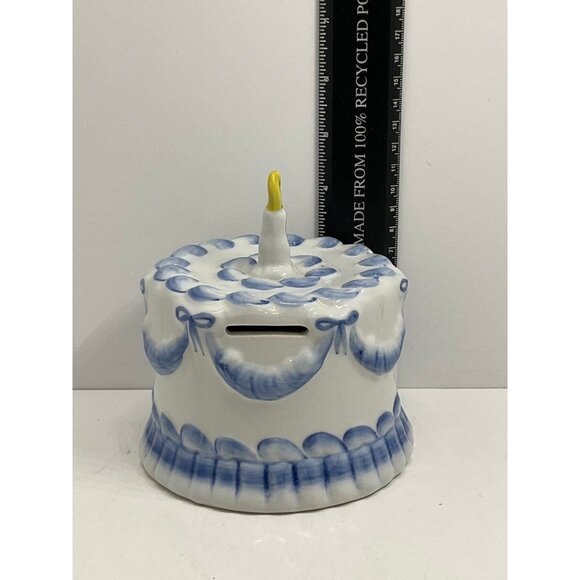 Andrea By Sadek Blue First Birthday Cake Porcelain Coin Bank - Picture 2 of 8